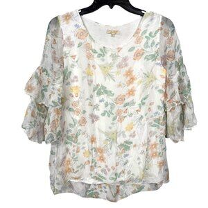 Giusy Silk Top Blouse Small White Multicolor Floral Flutter Sleeve Italy